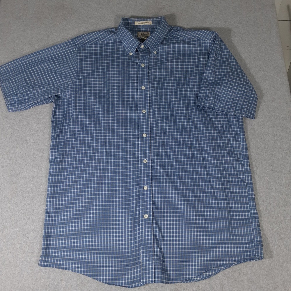 LL Bean Mens Large Tall Blue White Grid Short Sleeve Wrinkle Resistant Shirt